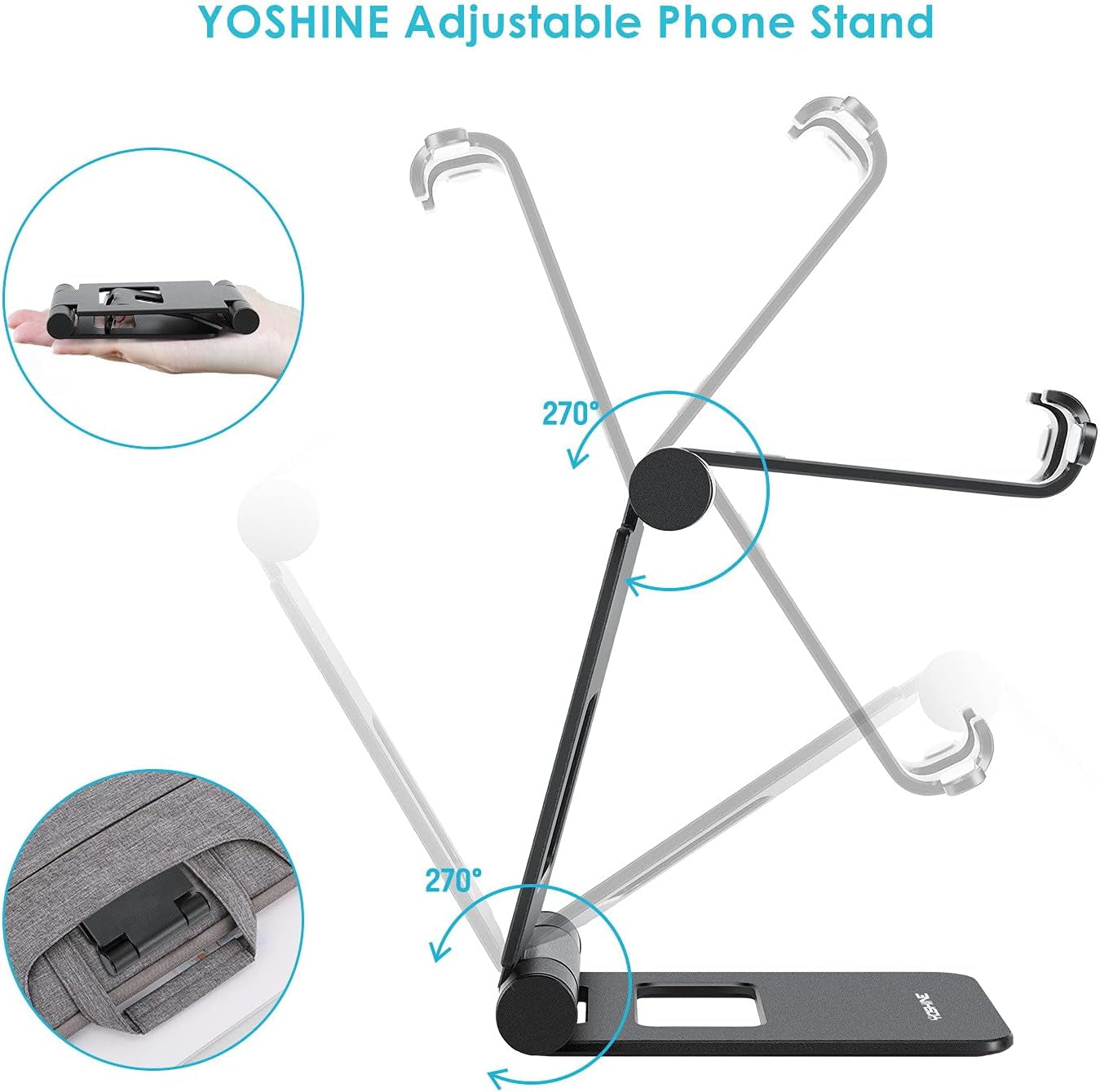 Phone Stand for Desk - Foldable Cell Phone Stand, Universal Adjustable Phone Stand, Portable Cell Phone Holder, Aluminum Desktop Phone Holder Compatible with All Smartphones - Black