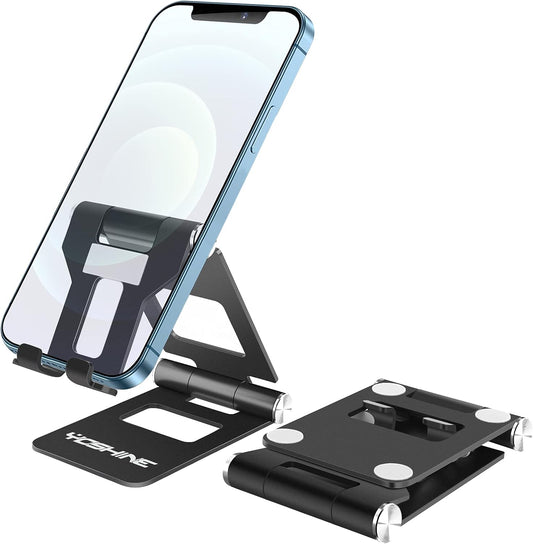 Phone Stand for Desk - Foldable Cell Phone Stand, Universal Adjustable Phone Stand, Portable Cell Phone Holder, Aluminum Desktop Phone Holder Compatible with All Smartphones - Black