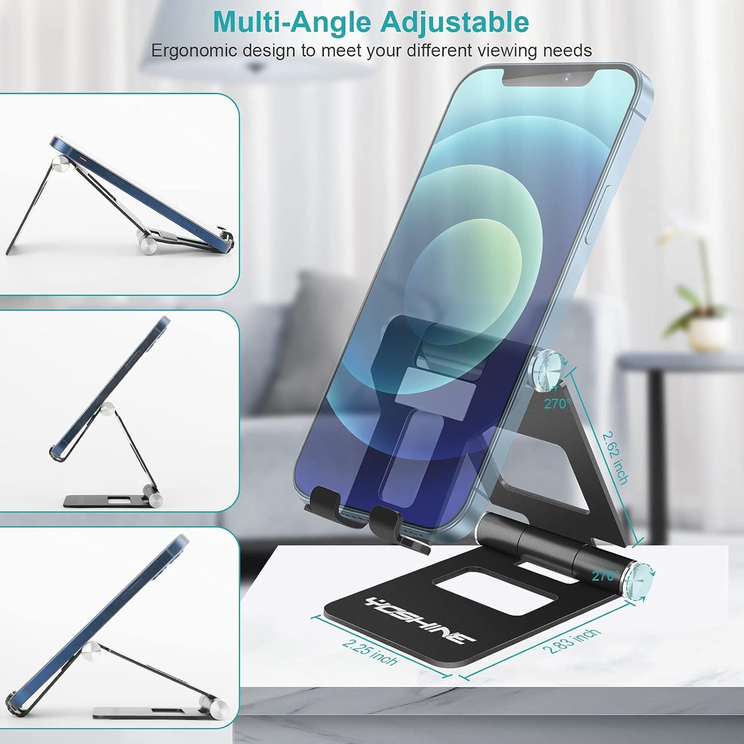 Phone Stand for Desk - Foldable Cell Phone Stand, Universal Adjustable Phone Stand, Portable Cell Phone Holder, Aluminum Desktop Phone Holder Compatible with All Smartphones - Black