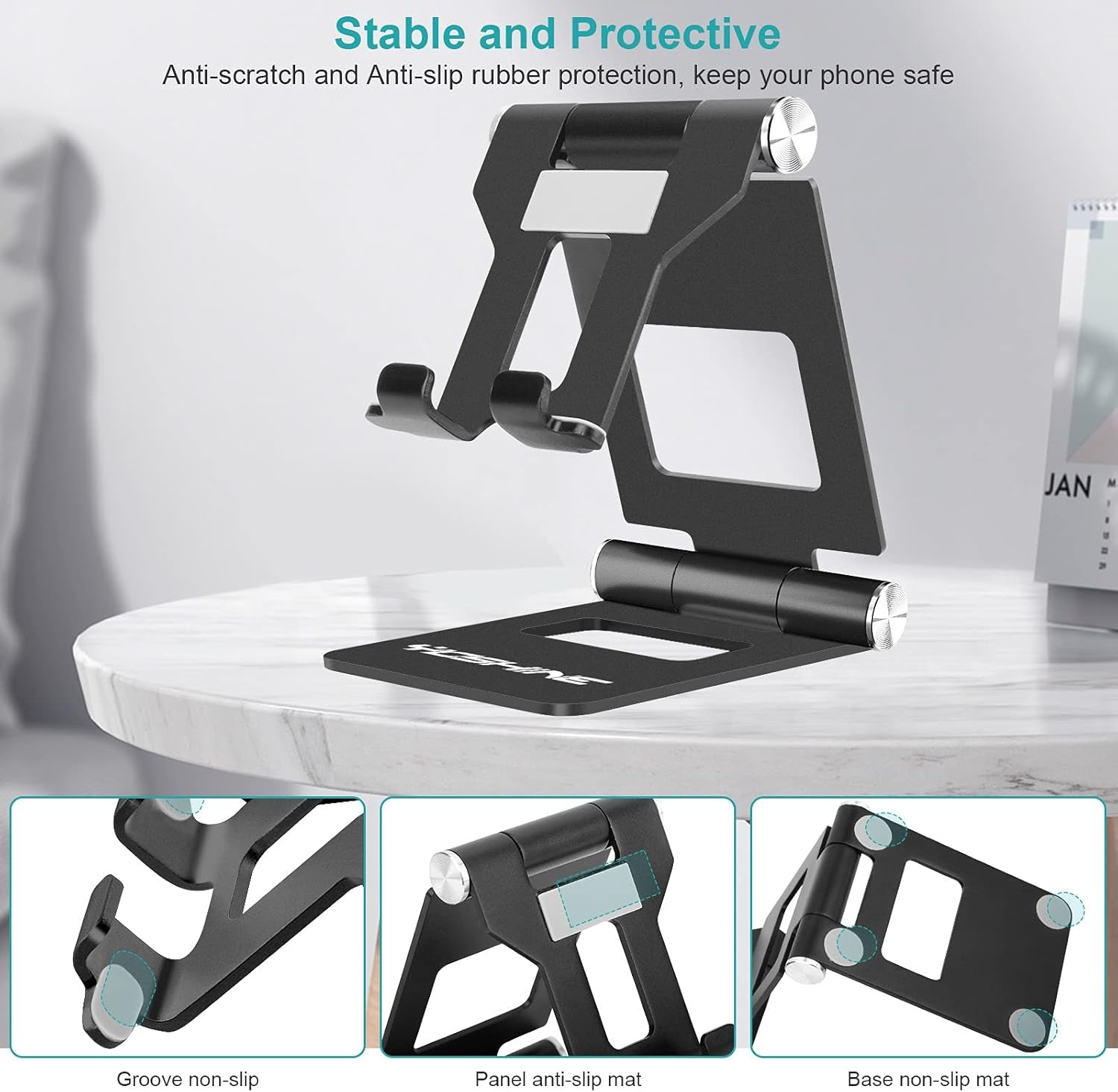 Phone Stand for Desk - Foldable Cell Phone Stand, Universal Adjustable Phone Stand, Portable Cell Phone Holder, Aluminum Desktop Phone Holder Compatible with All Smartphones - Black